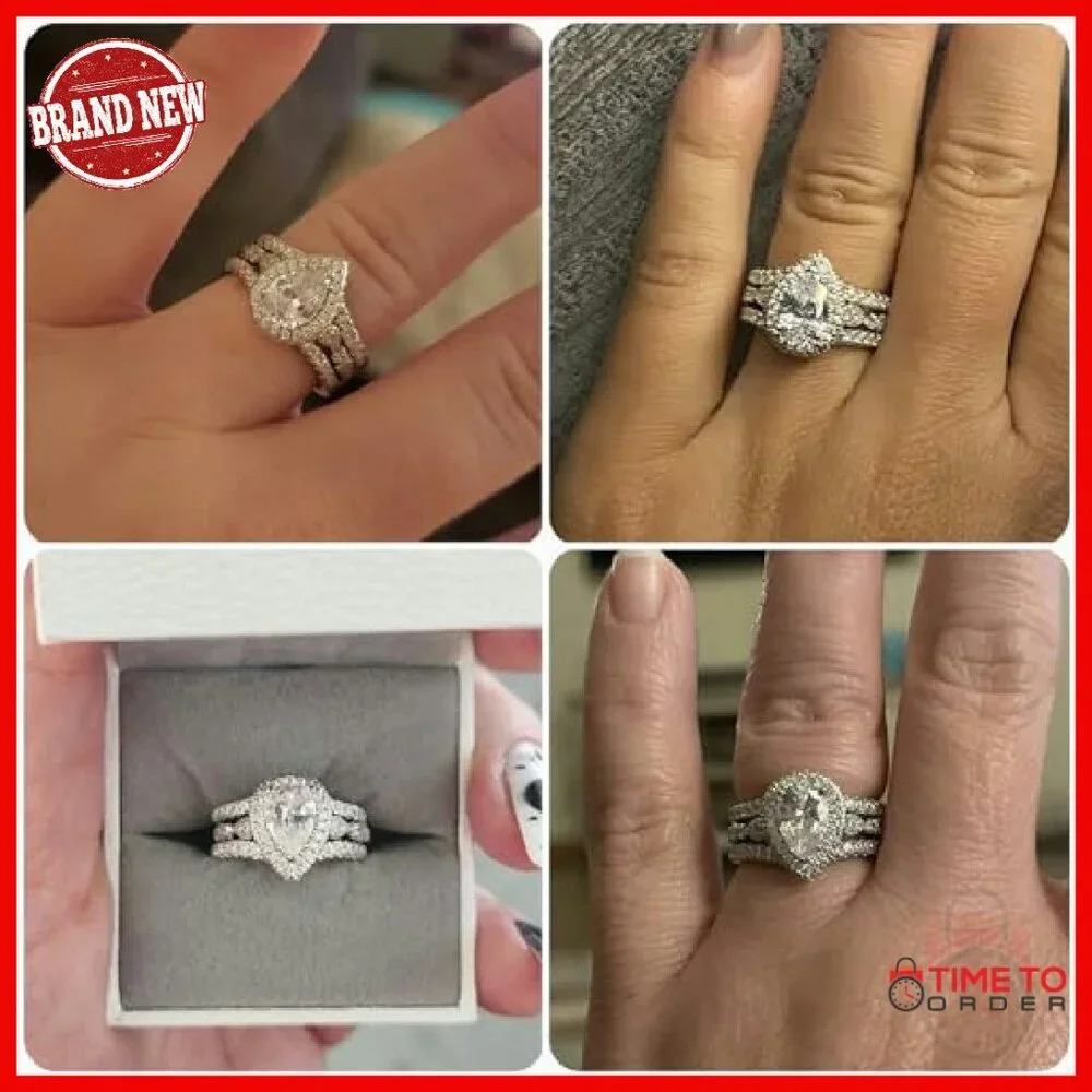 Pear Shape Cubic Zirconia Wedding Ring Set Sterling Silver Tungsten - Picture 4 of 8